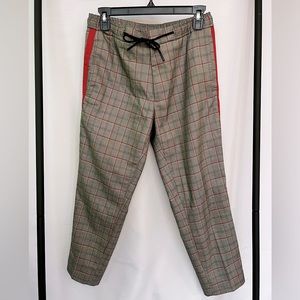 Topman tan plaid joggers with red side stripe, size 30S